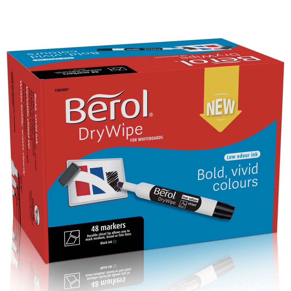 Berol Dry Wipe Whiteboard Marker Pens Black Chisel Tip Pack of 48