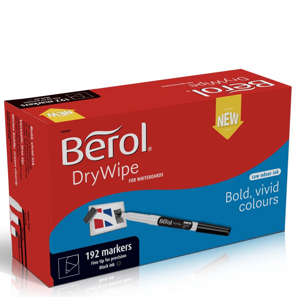 Berol Dry Wipe Whiteboard Marker Pens Black Fine Tip Pack of 192